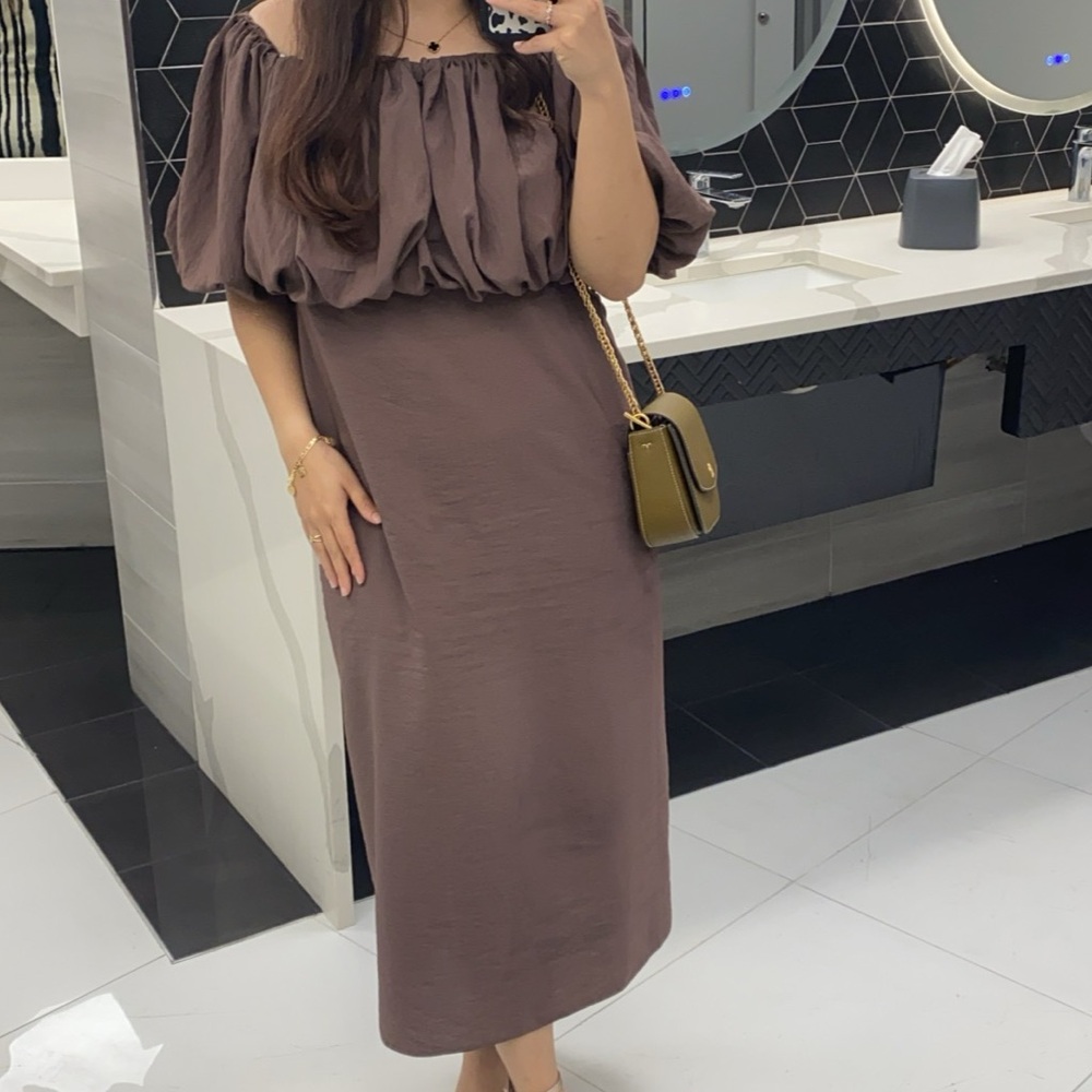 ASOS Curve Brown Puff Sleeve Off-Shoulder Midi Dress